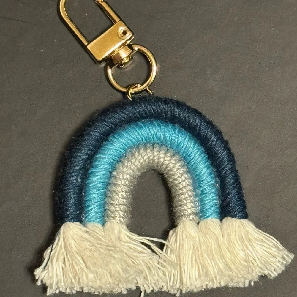 Blue and Cream Rainbow Keychain with Tassels